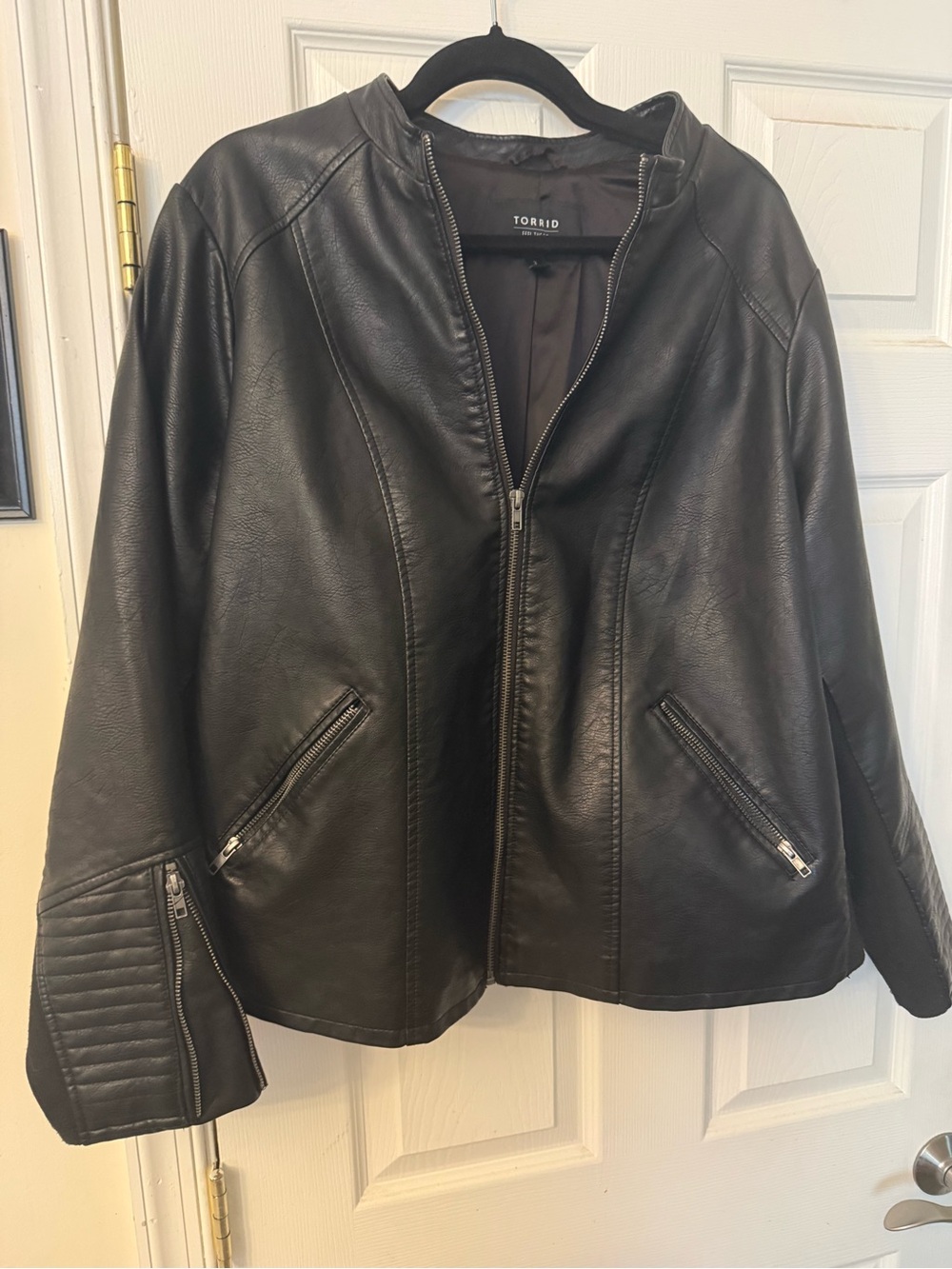 torrid Black Faux Leather Moto Zip Jacket with Quilted Sleeve Detail